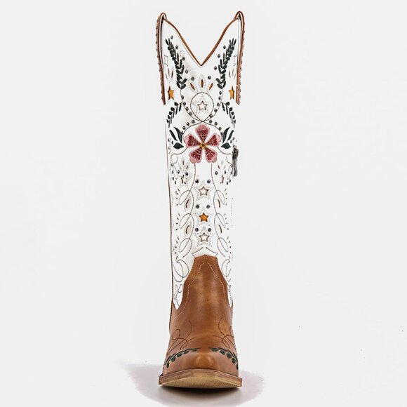 ⚡Women’s Brown Floral Embroidered Western Boots Knee High Studded Side Zipper - Picture 3 of 6